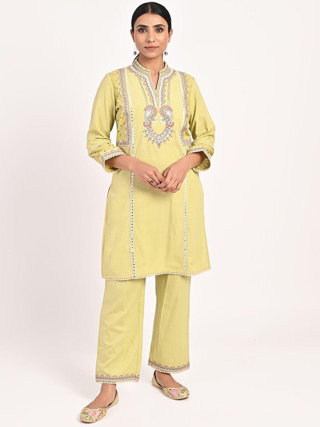 lakshita paisley embroidered mandarin collar mirror work pure cotton kurta with palazzos