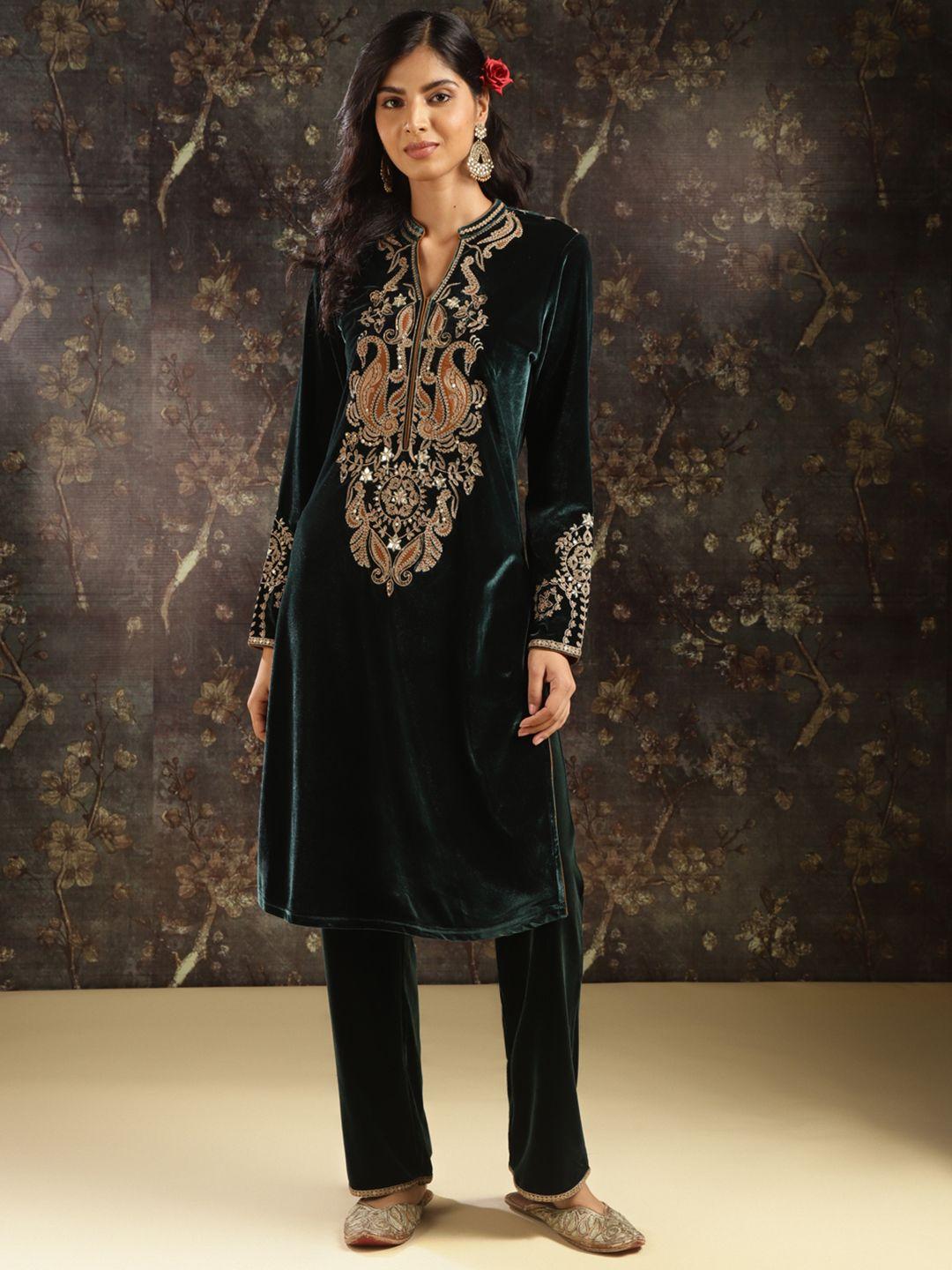 lakshita paisley embroidered regular sequinned velvet kurta with trousers