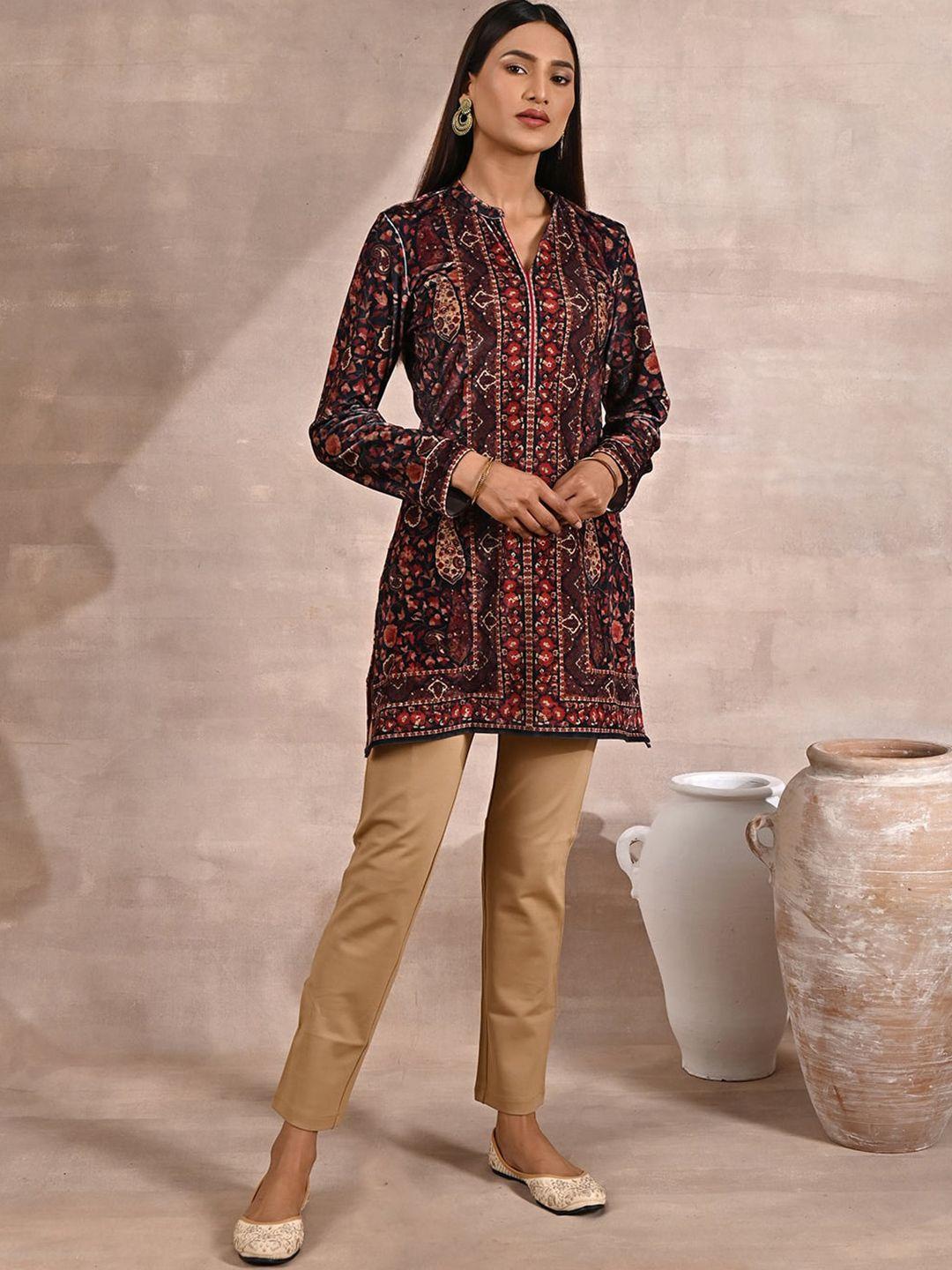 lakshita paisley printed long sleeves velvet straight kurti