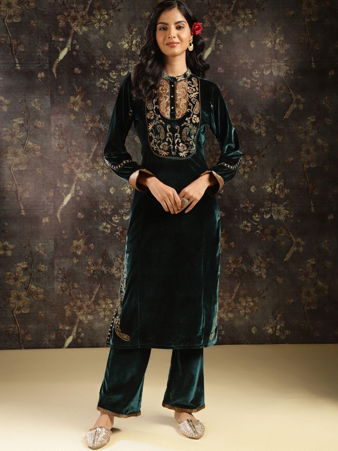 lakshita paisley yoke design regular thread work velvet kurta with trousers