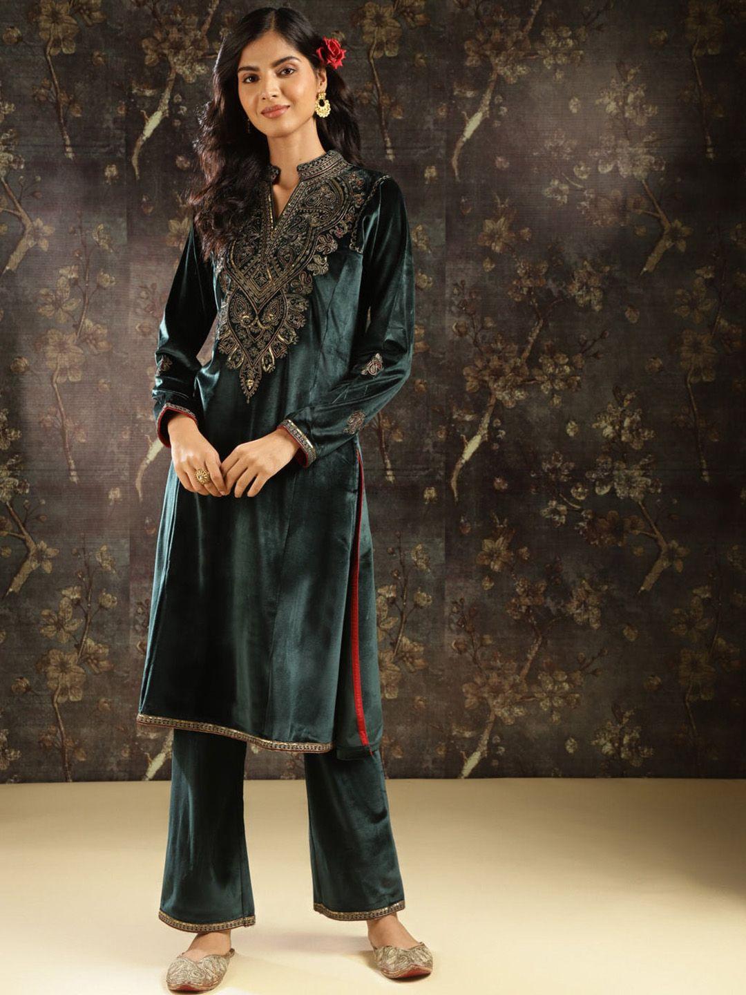 lakshita paisley yoke design zardozi velvet kurta with trousers