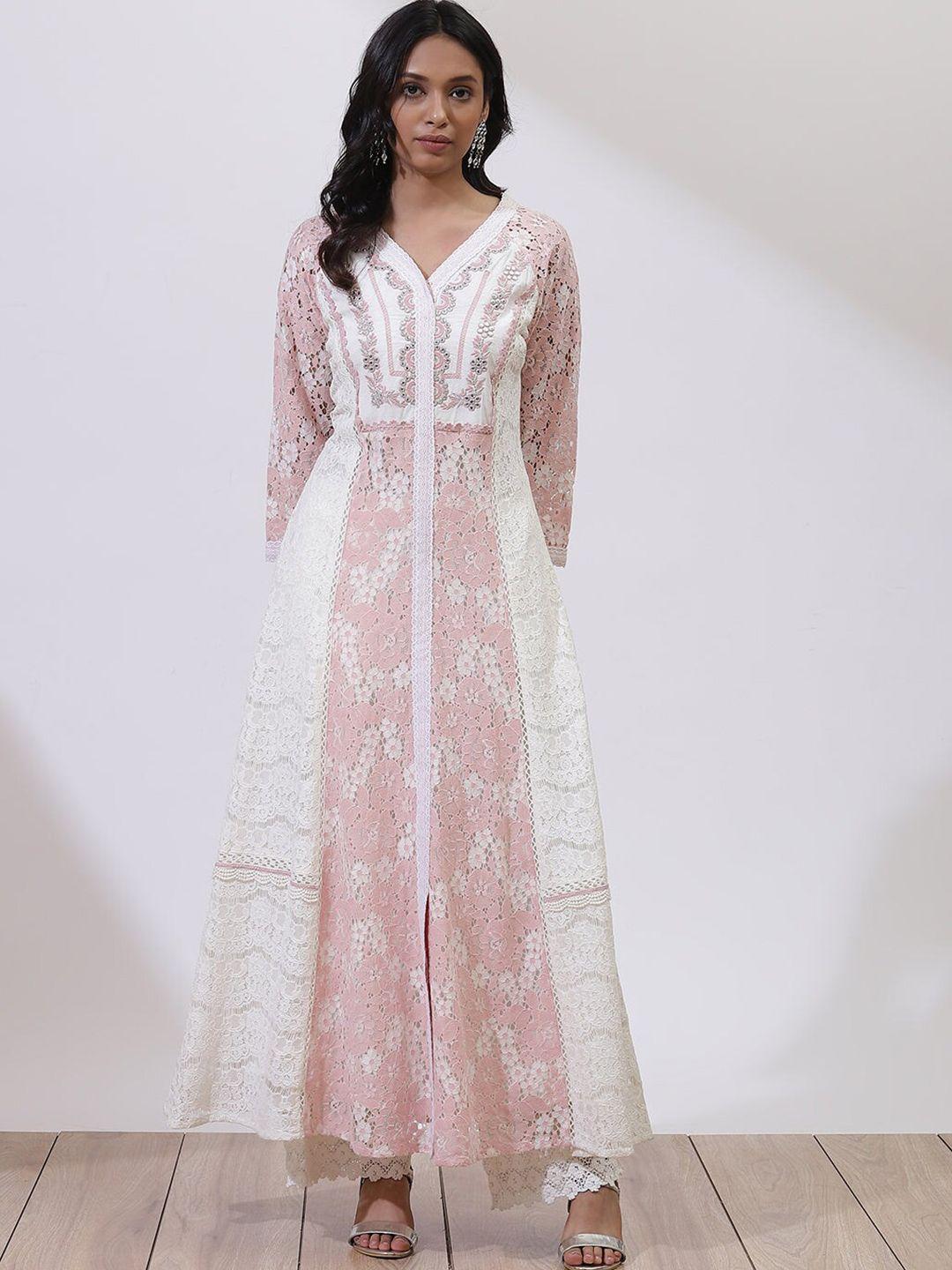 lakshita pink & off white embellished embroidered lace maxi dress plus size