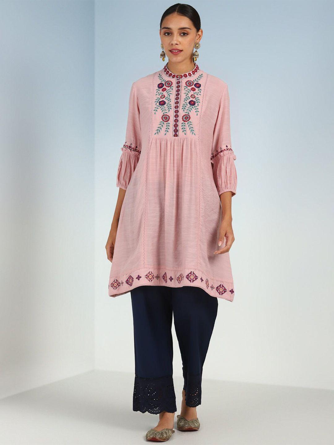 lakshita pink & red viscose rayon mandarin collar embroidered tunic