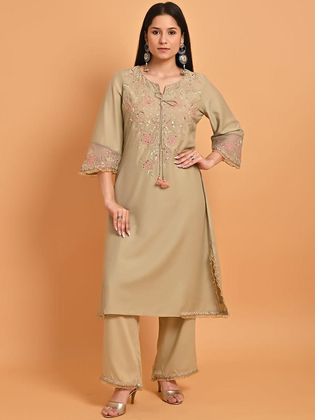 lakshita plus size floral embroidered sequined pure silk kurta with palazzos
