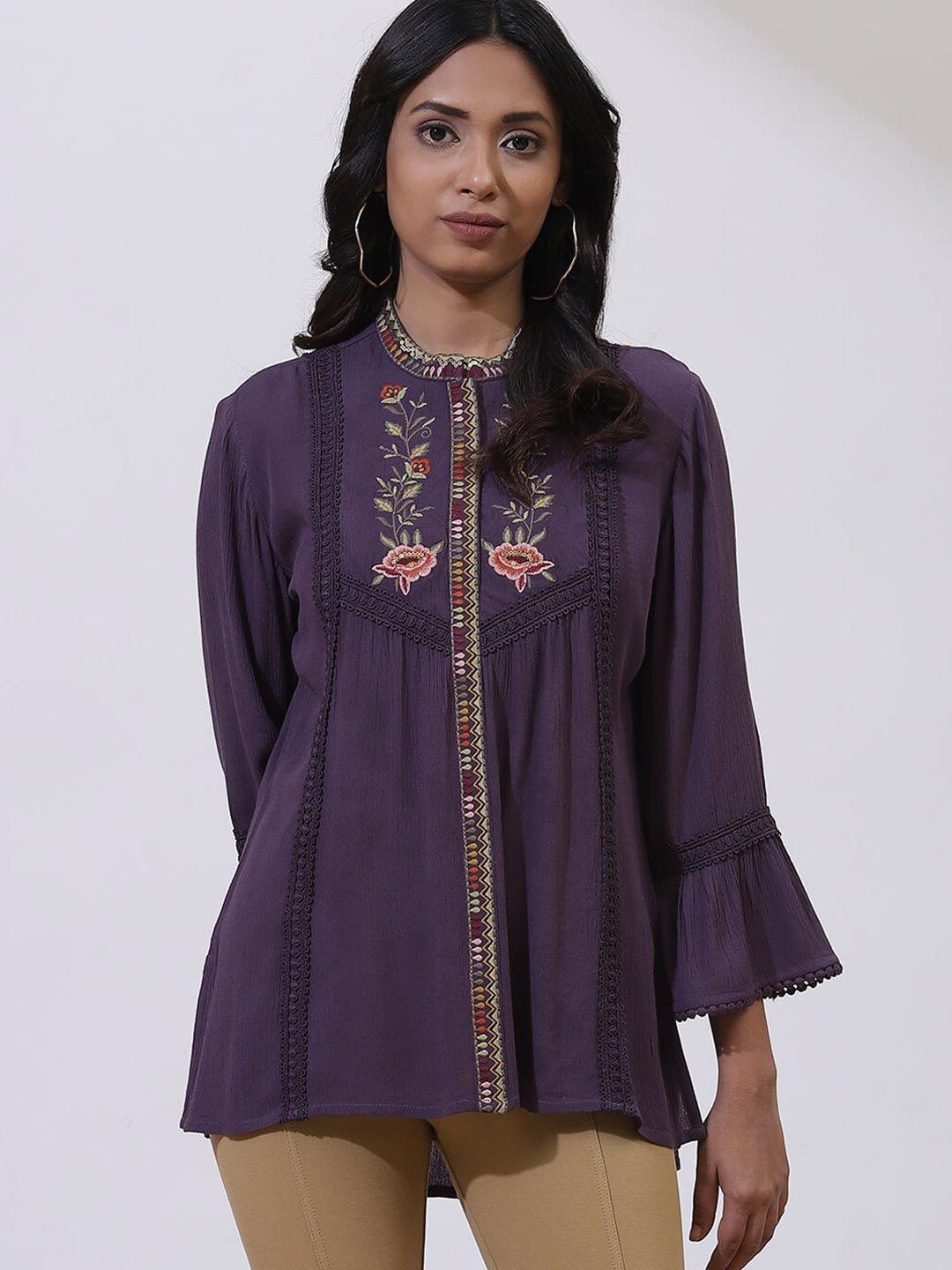 lakshita purple & gold-toned floral embroidered thread work thread work panelled kurti