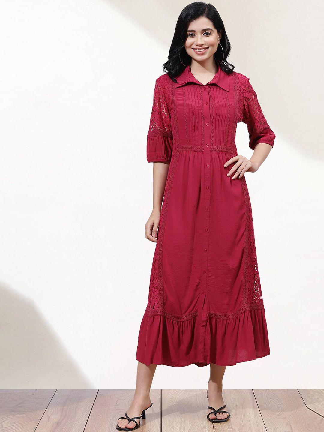 lakshita self design bell sleeves lace inserted pleated midi shirt dress