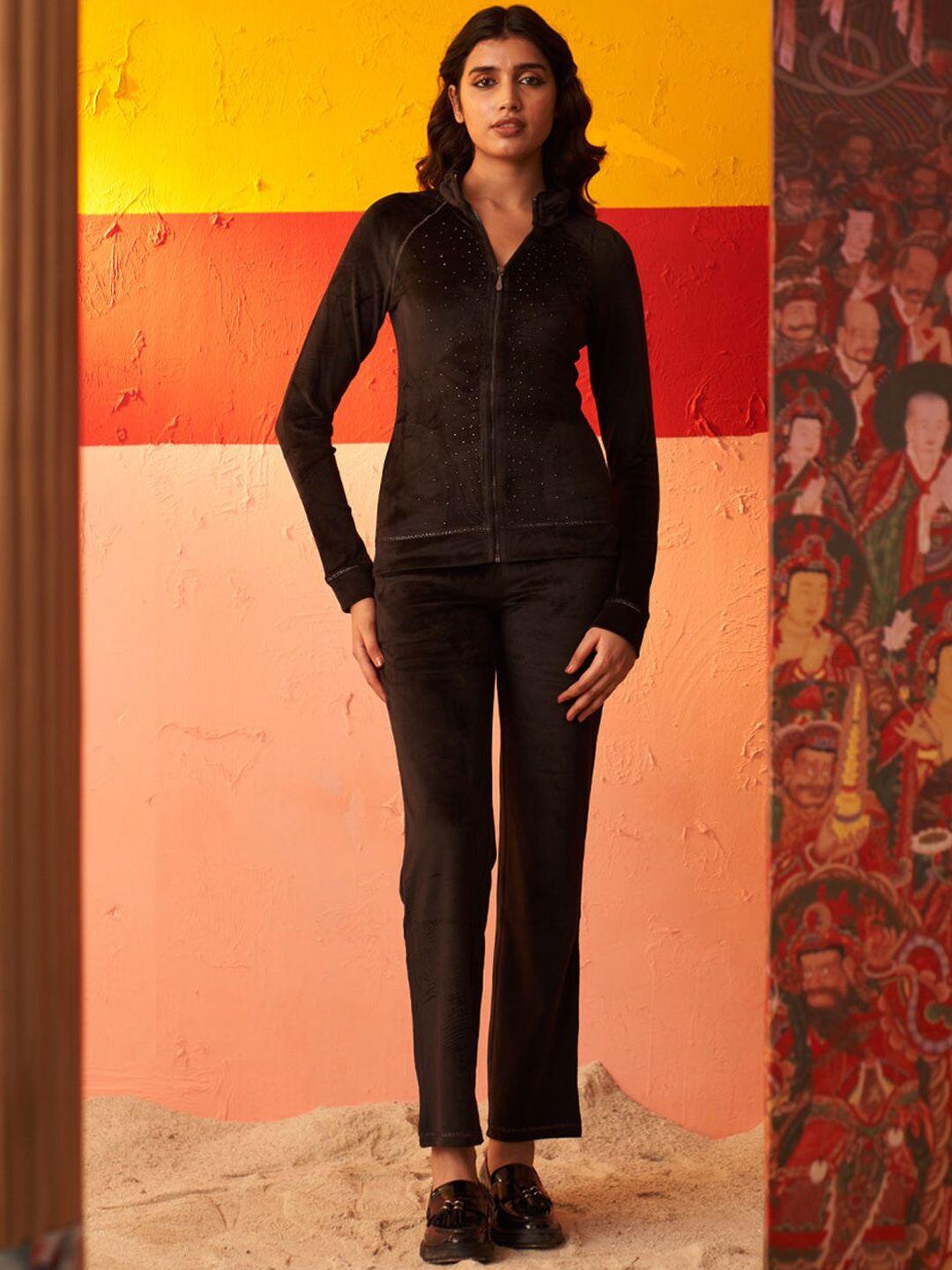 lakshita self design velvet jacket with track pant