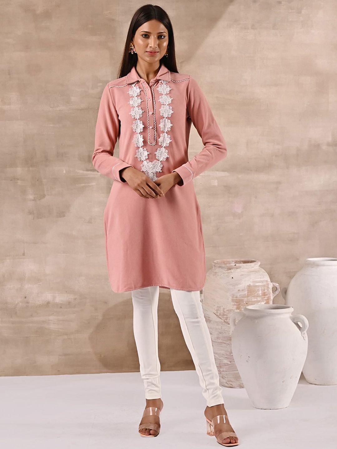 lakshita striped shirt collar woolen long sleeves lace work kurti