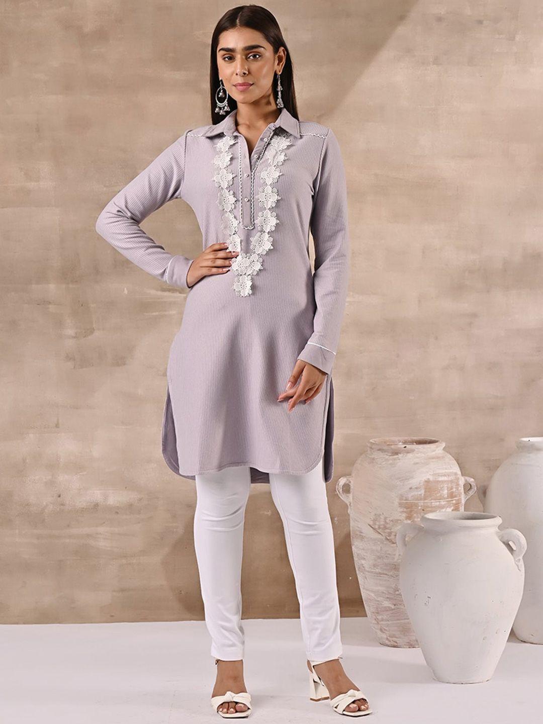 lakshita striped yoke design lace work woolen kurti