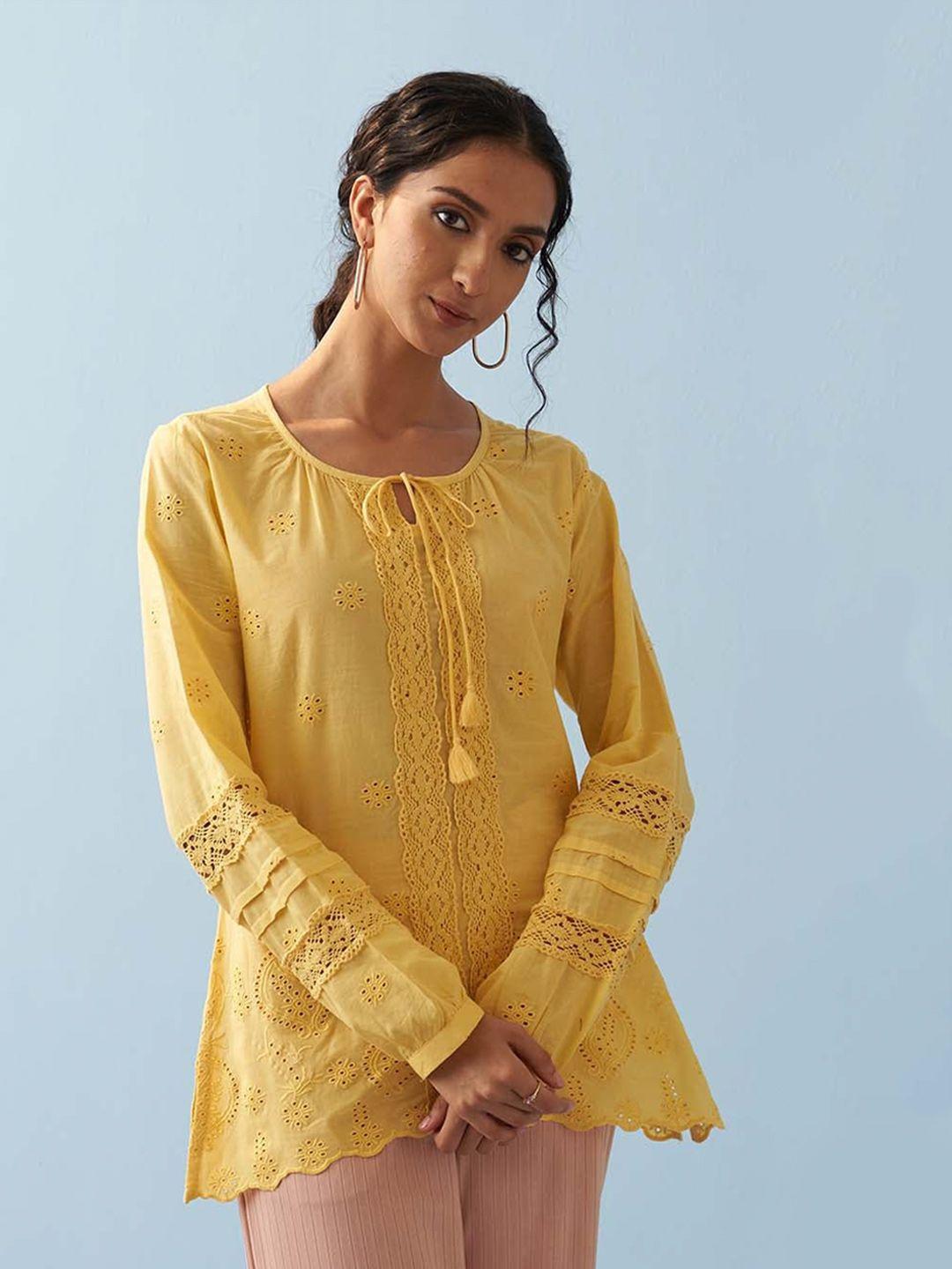 lakshita tie-up neck puff sleeves lace insert schiffli cotton top