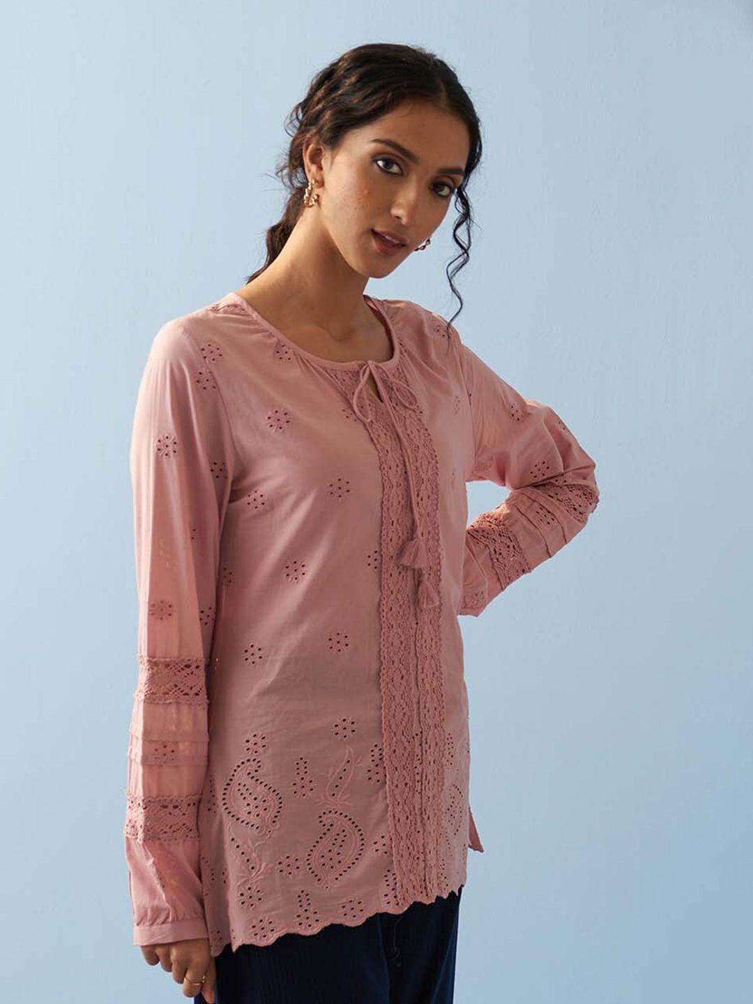 lakshita tie-up neck puff sleeves lace insert schiffli cotton top