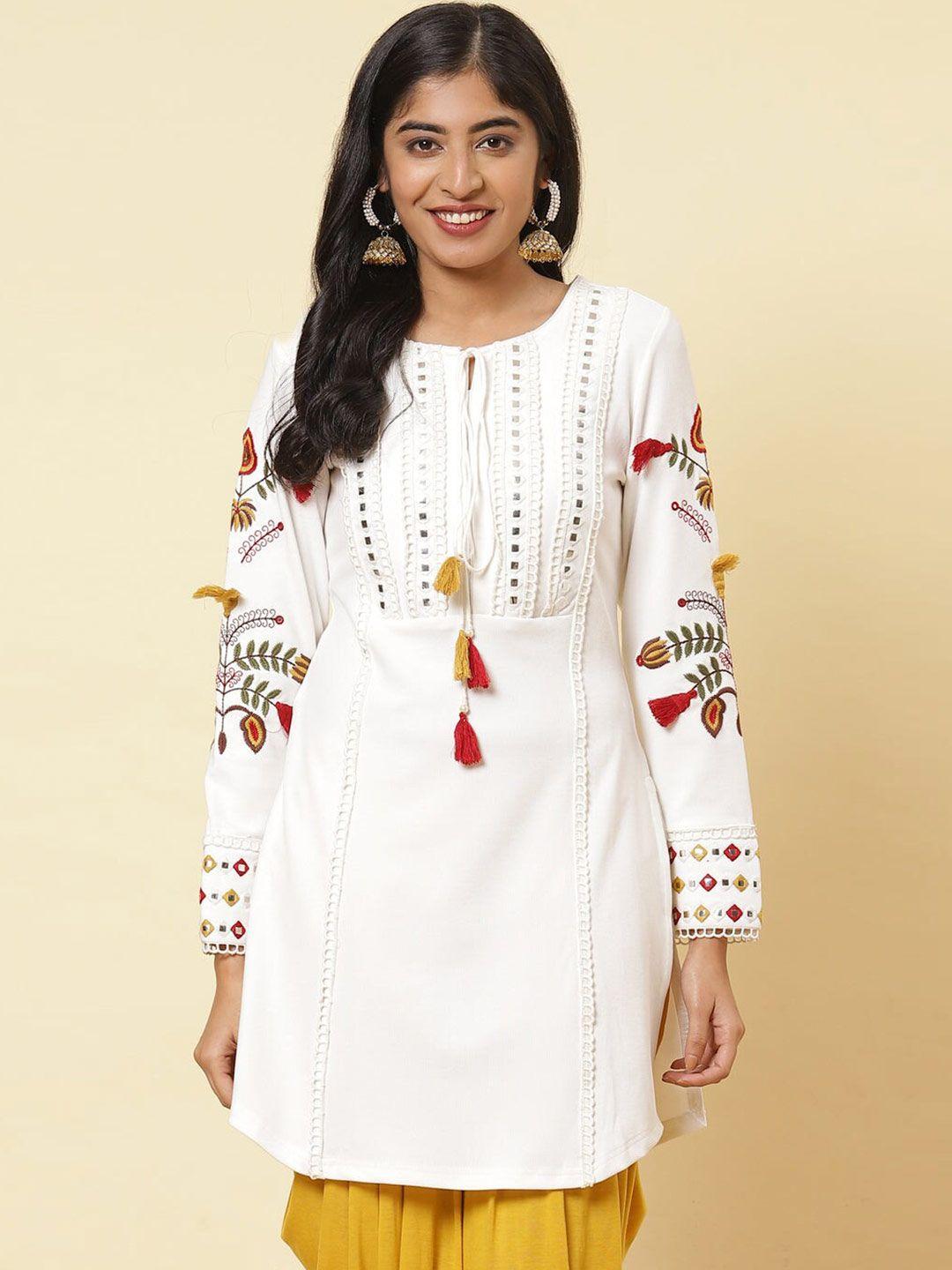 lakshita white floral embroidered mirror work kurti