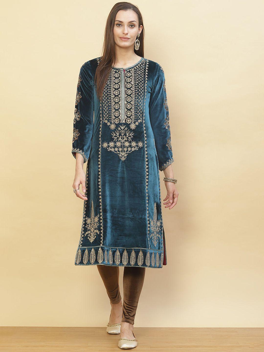 lakshita women's blue embroidered flared sleeves velvet kurta