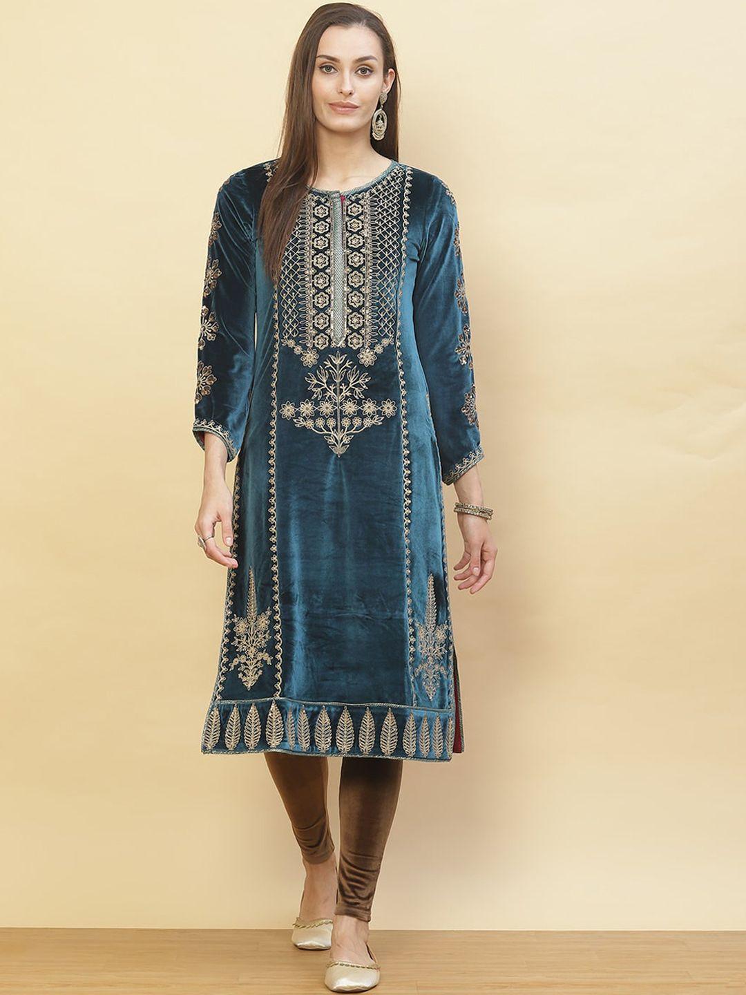 lakshita women's blue embroidered flared sleeves velvet kurta