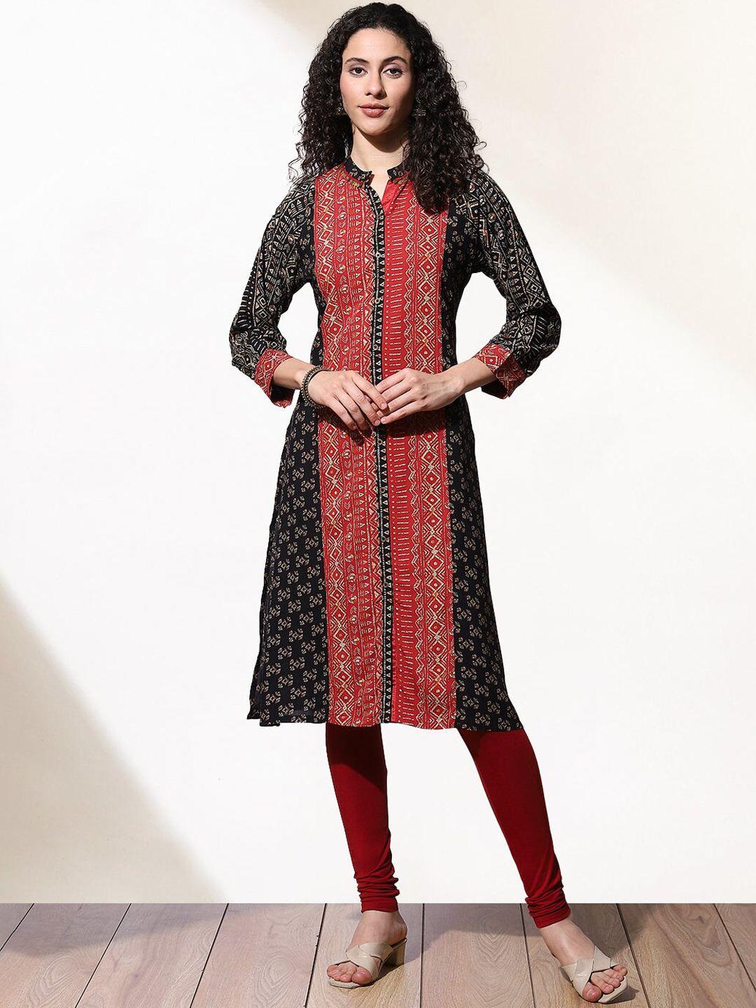 lakshita women black & red foil printed straight kurta