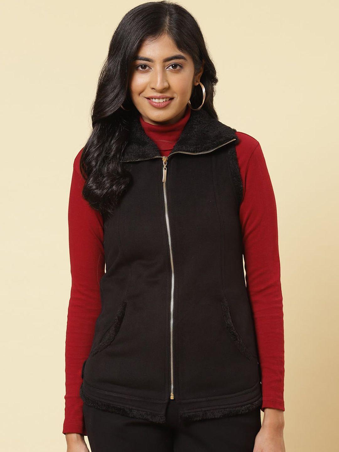 lakshita women black fleece longline tailored jacket