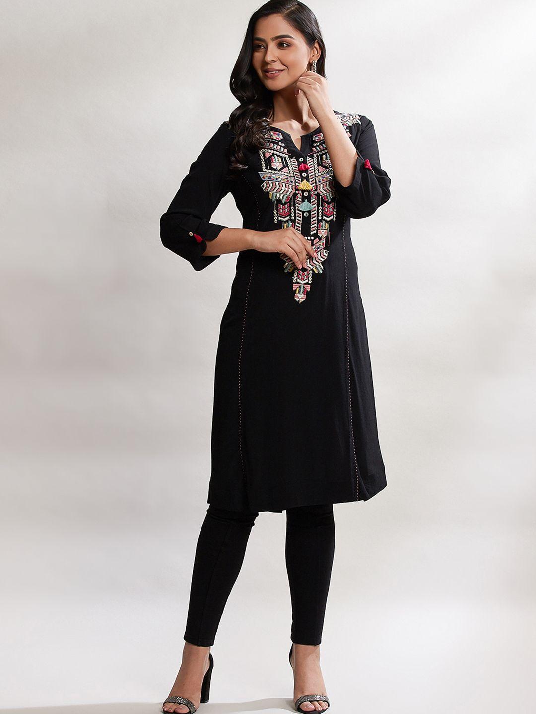 lakshita women black floral embroidered thread work crepe kurta