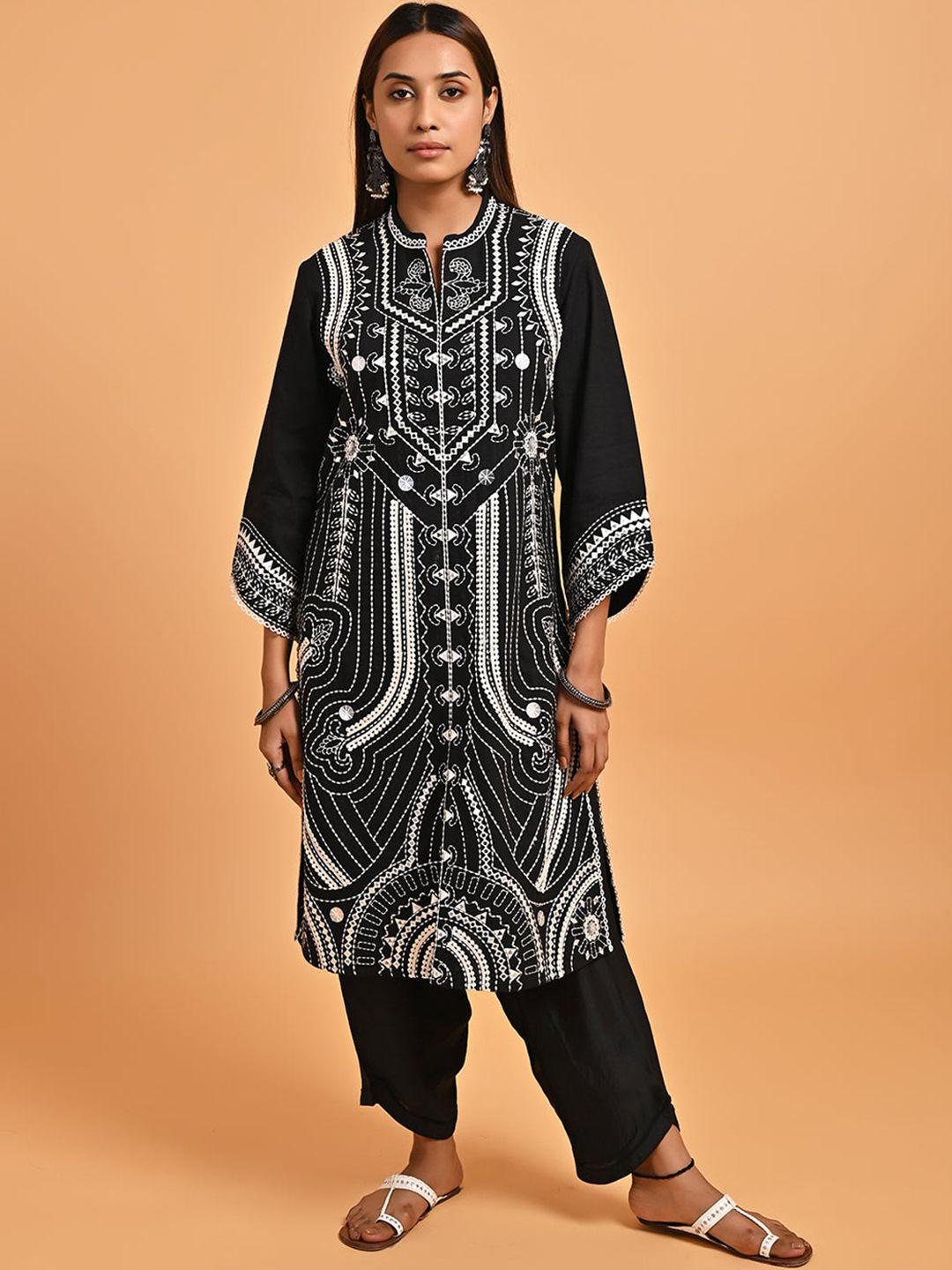 lakshita women black geometric printed keyhole neck extended sleeves thread work floral kurta