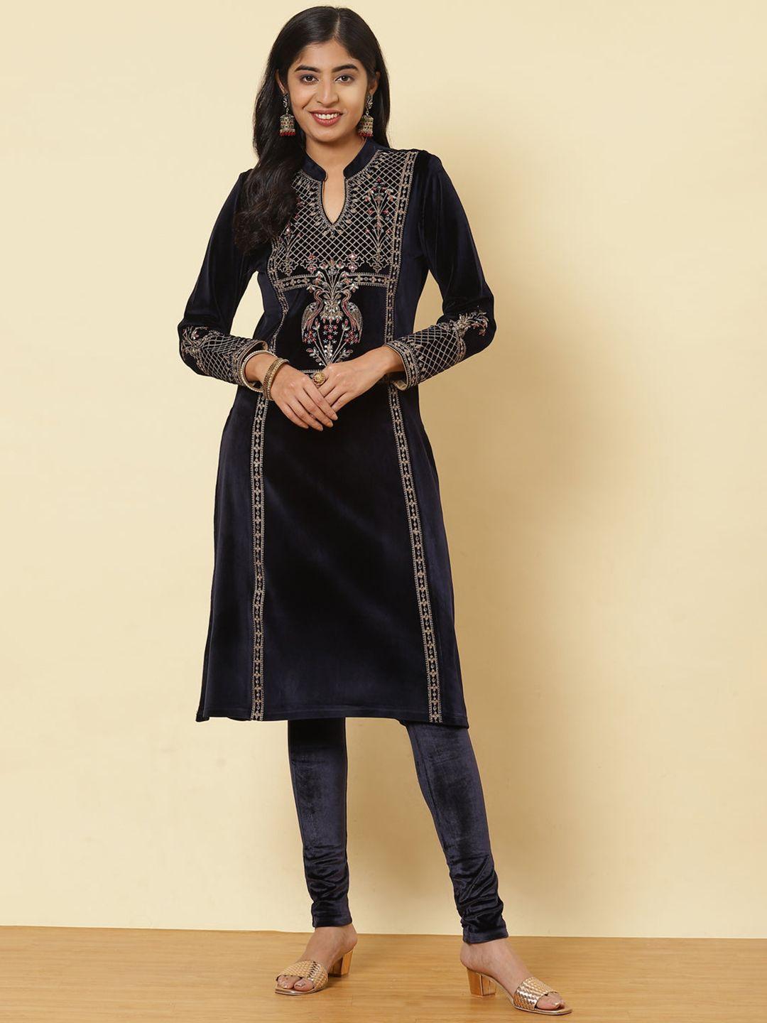 lakshita women blue ethnic motifs embroidered keyhole neck velvet kurta