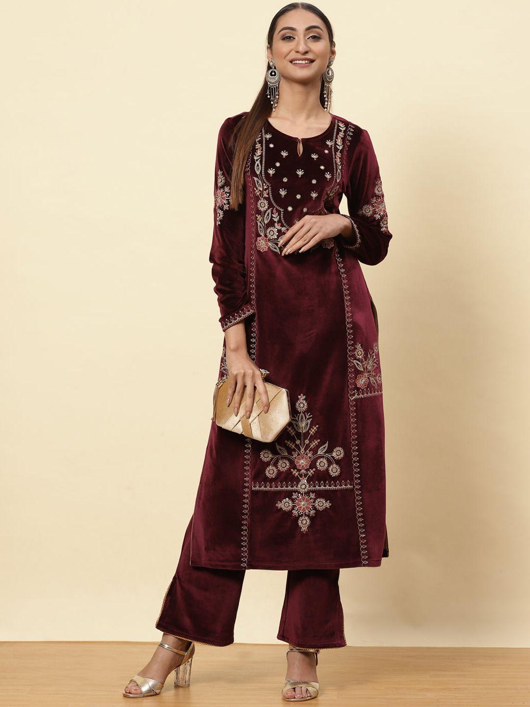 lakshita women burgundy floral embroidered velvet kurta