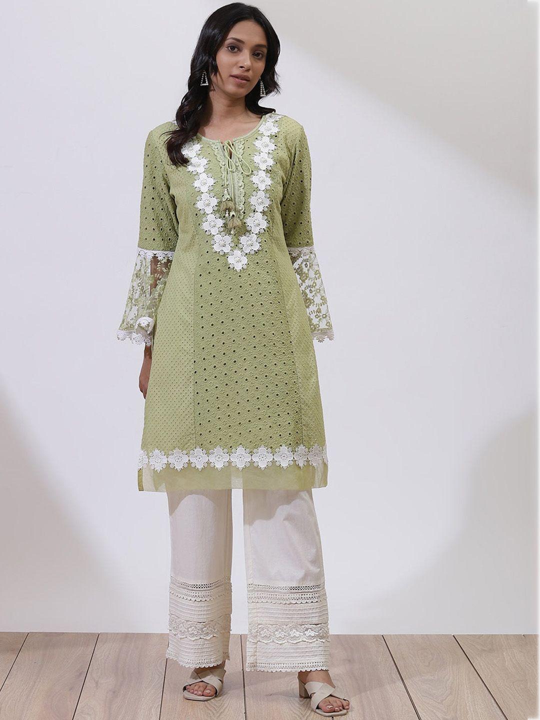 lakshita women cotton floral embroidered bell sleeves thread work kurta