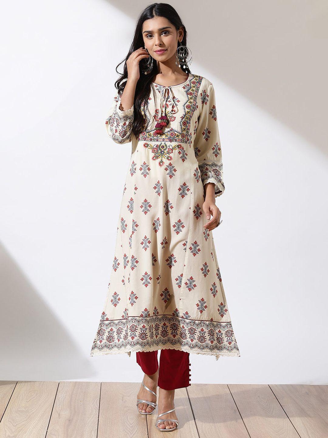 lakshita women cream-coloured & maroon ethnic motifs printed kurta