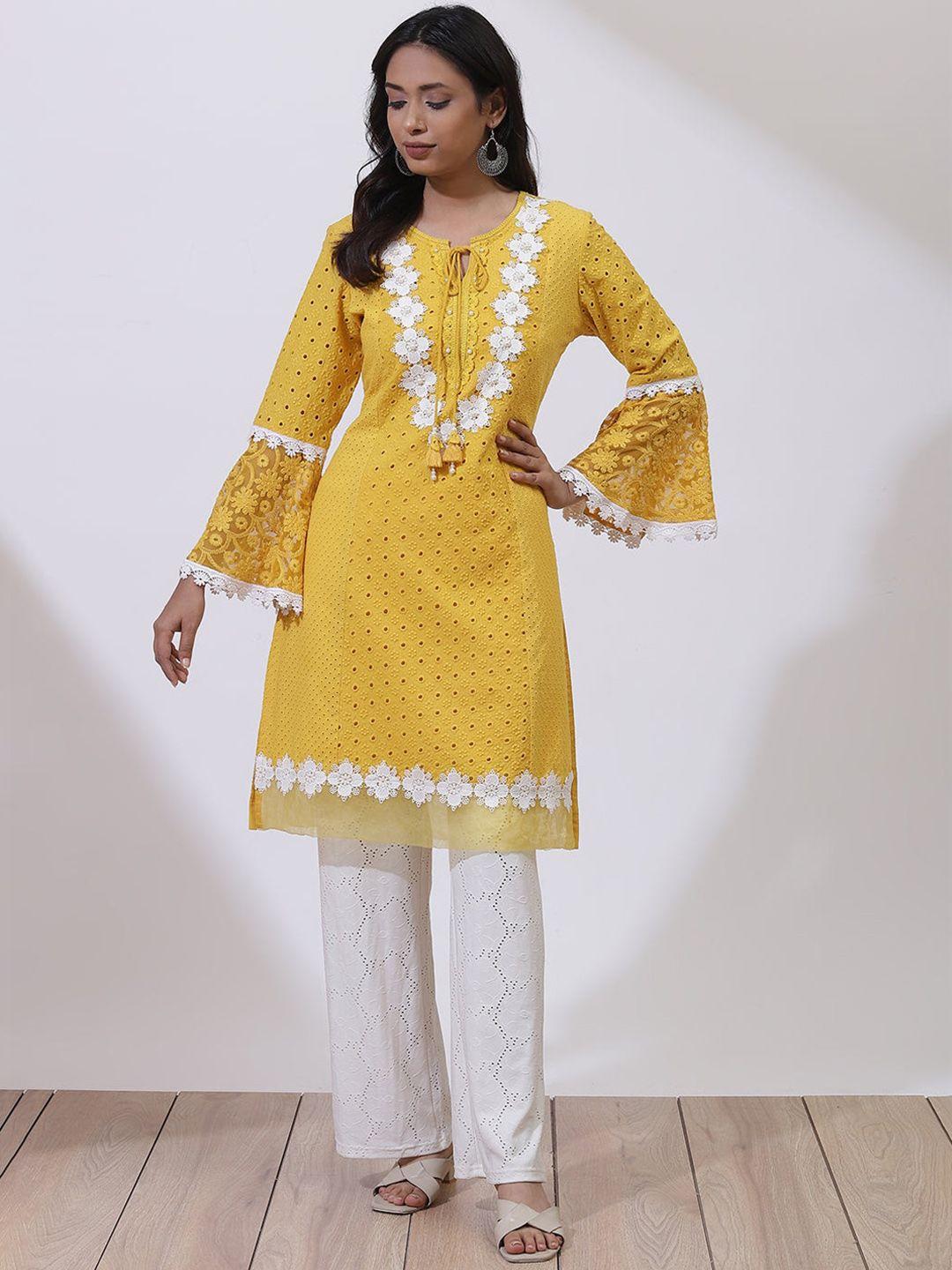 lakshita women ethnic motifs embroidered bell sleeves cotton kurta