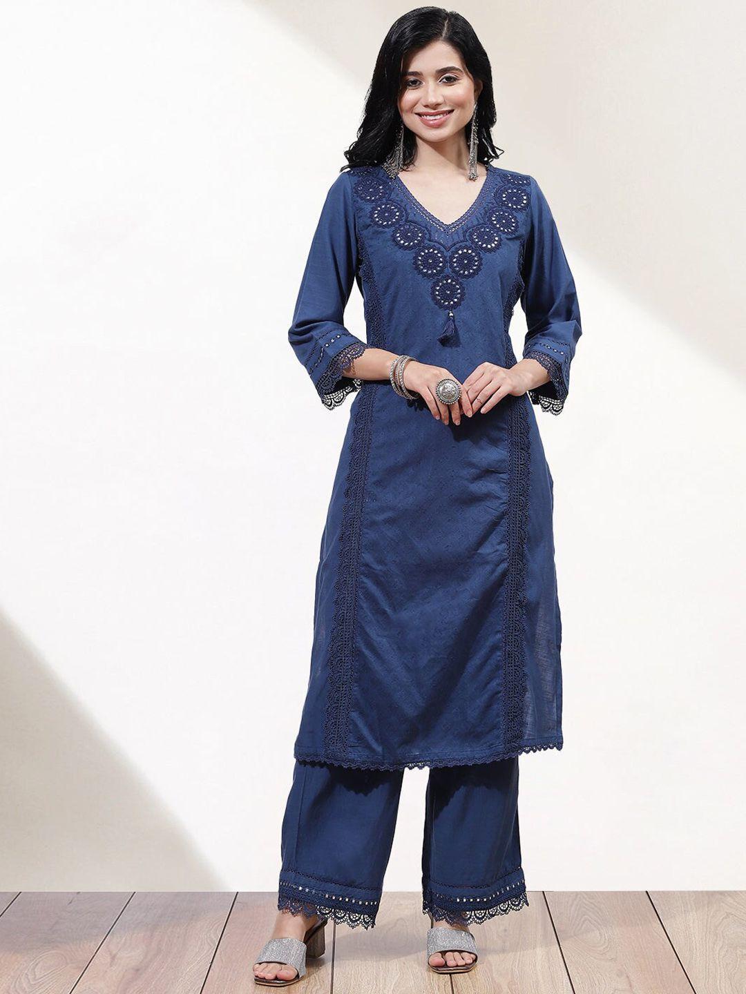 lakshita women ethnic motifs embroidered mirror work kurta with palazzos