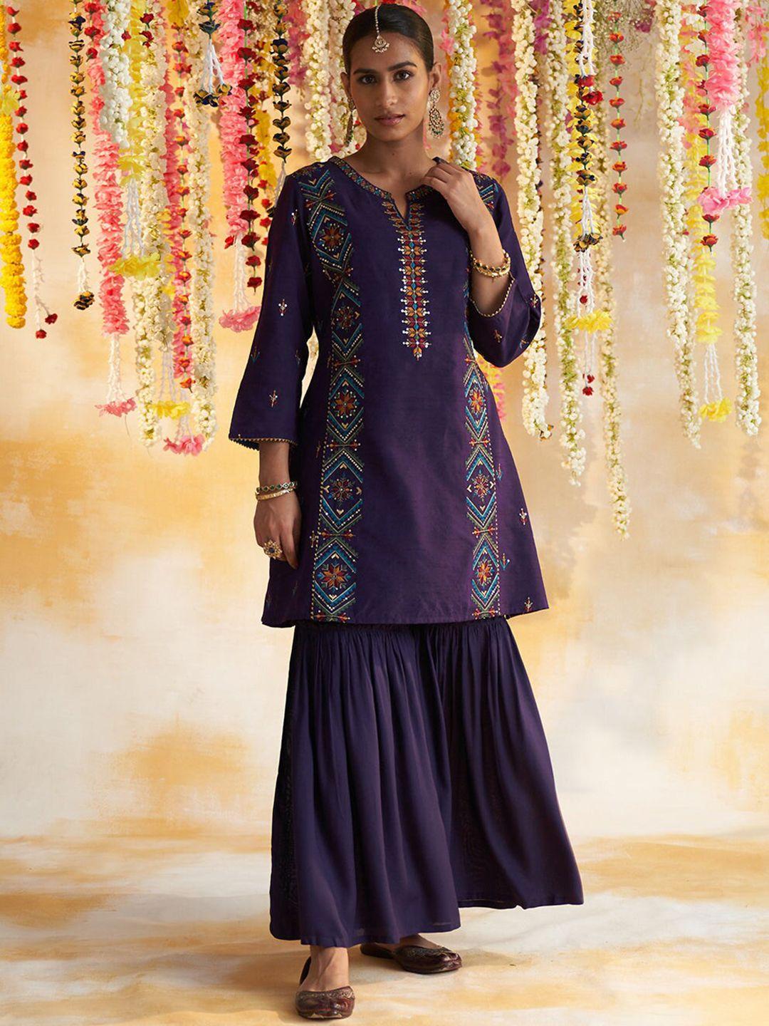 lakshita women ethnic motifs embroidered notch neck kurta with sharara