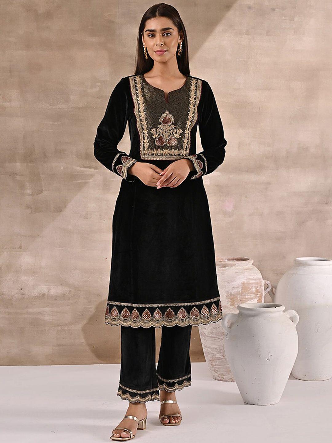 lakshita women ethnic motifs embroidered notch neck velvet kurta with trousers