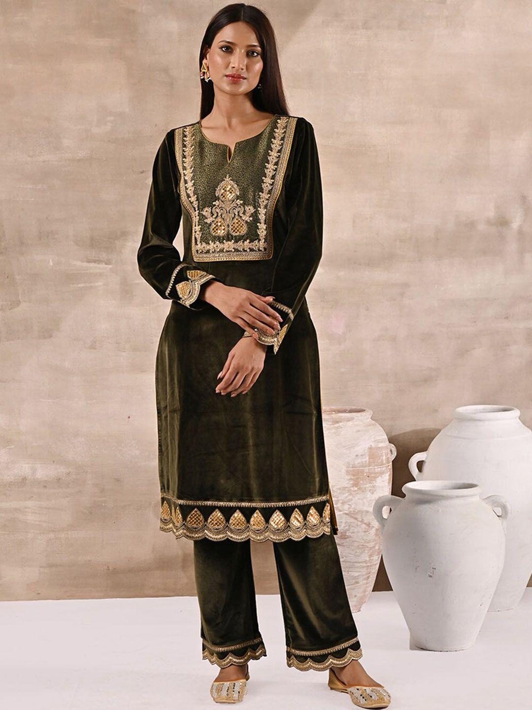 lakshita women ethnic motifs embroidered velvet kurta with trousers