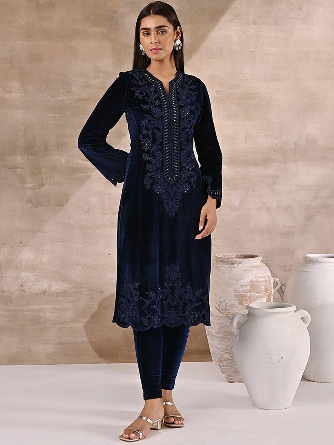 lakshita women floral embroidered flared sleeves thread work velvet kurta