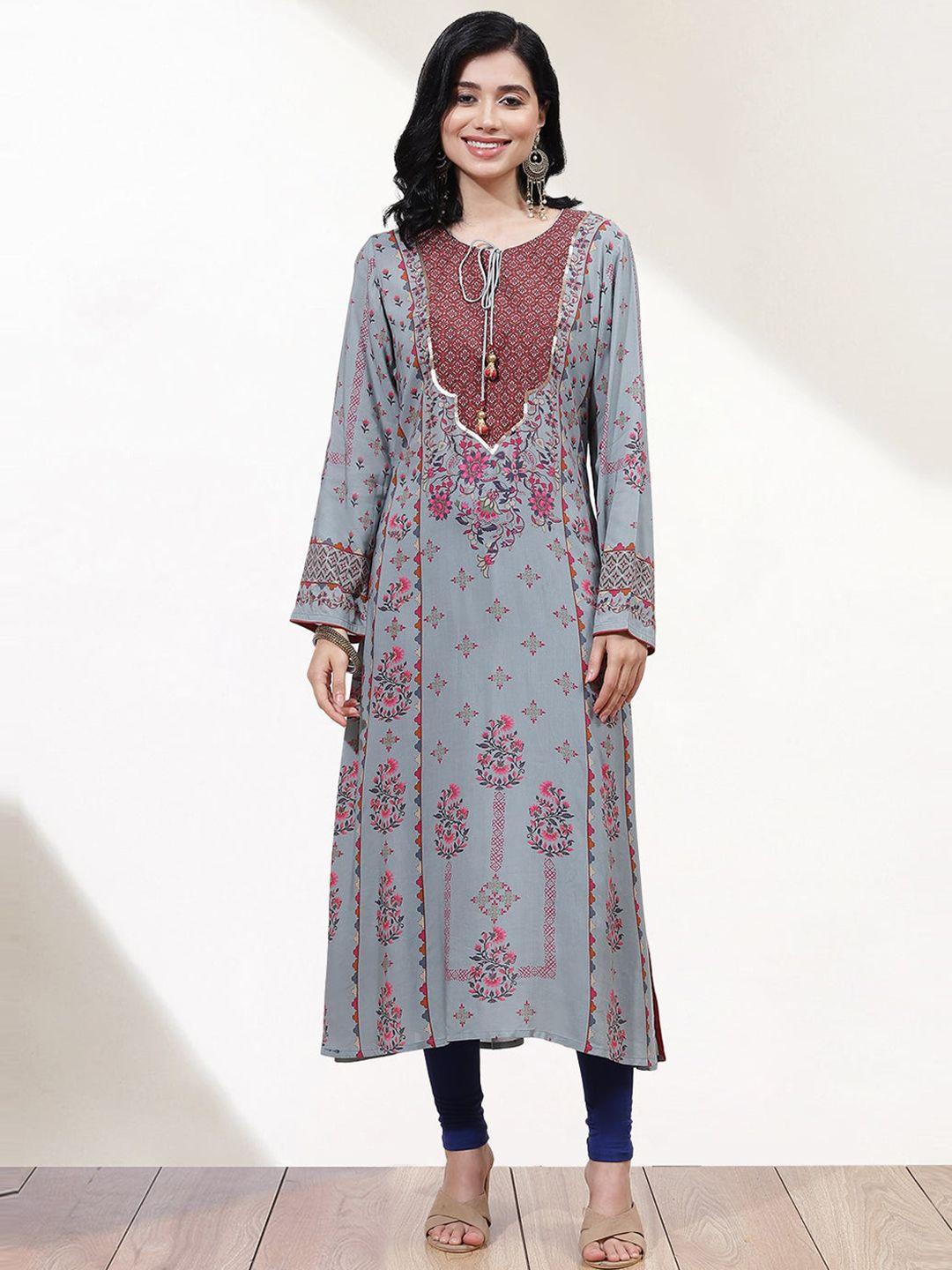 lakshita women floral printed tie-up neck sequined kurta