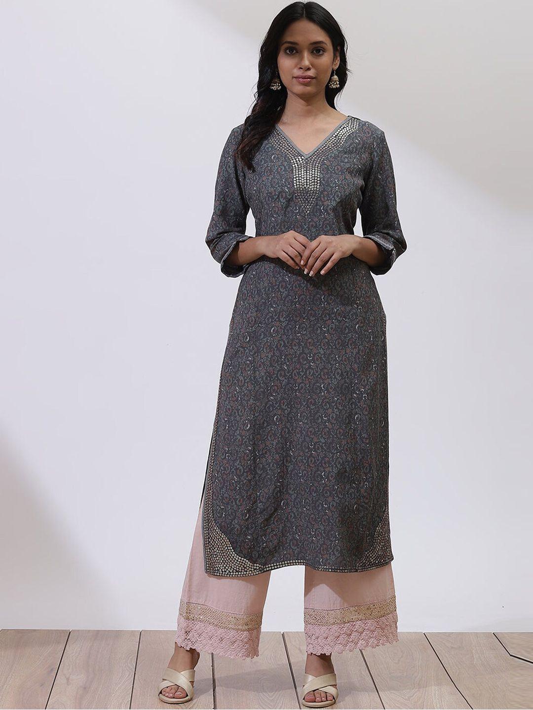 lakshita women green & plum perfect ethnic motifs embroidered flared sleeves thread work kurta