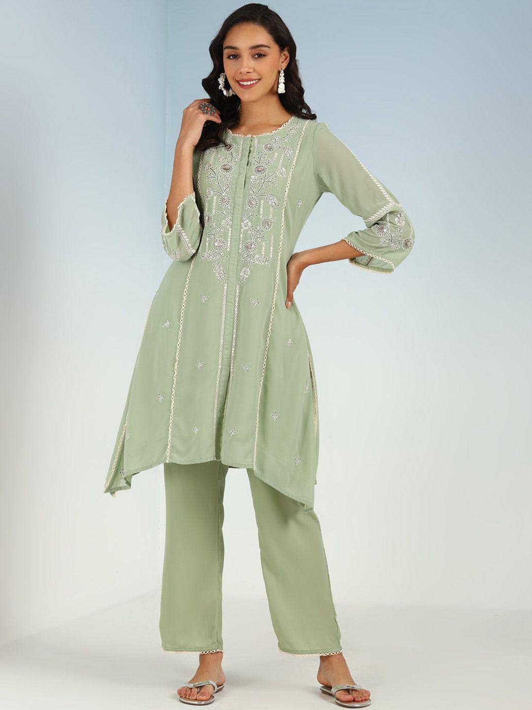 lakshita women green floral embroidered regular thread work kurta with trousers