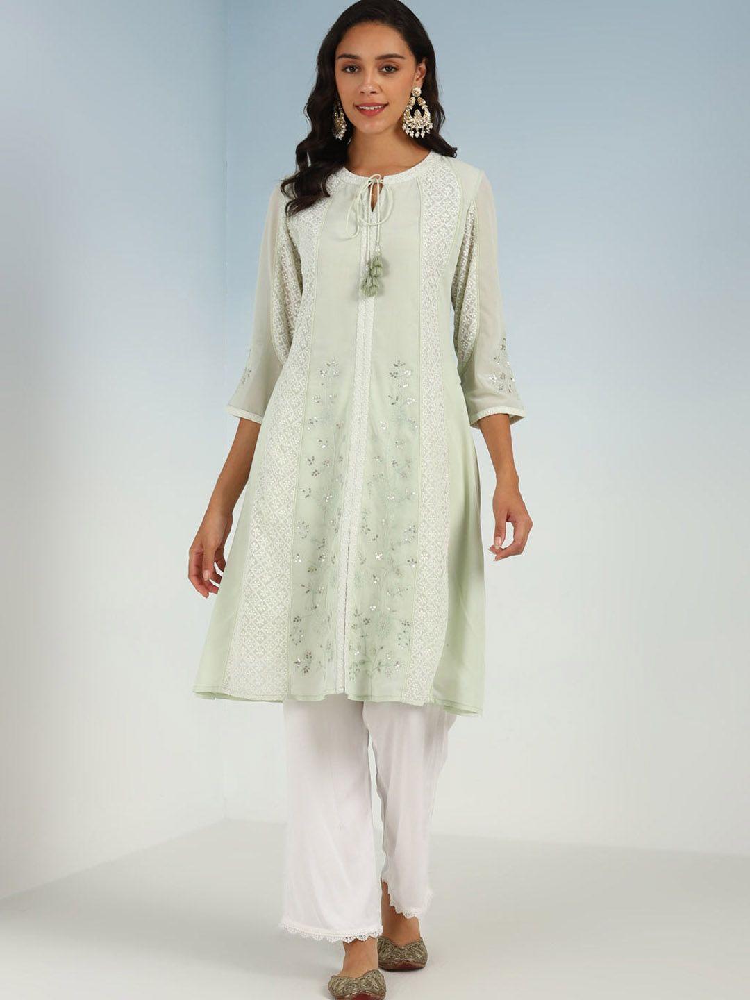 lakshita women green floral embroidered thread work floral georgette kurta