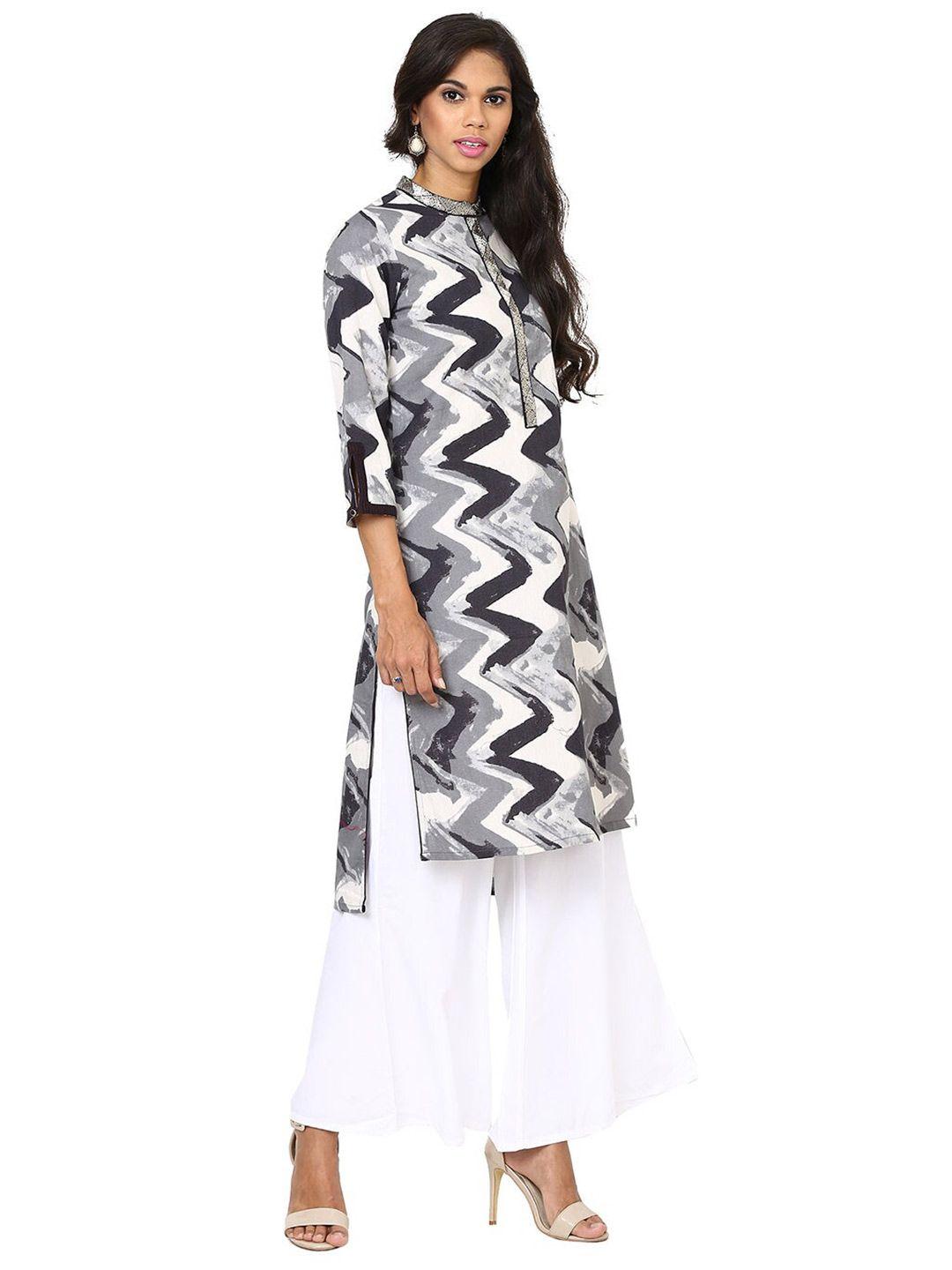 lakshita women grey & white chevron printed pure cotton kurta