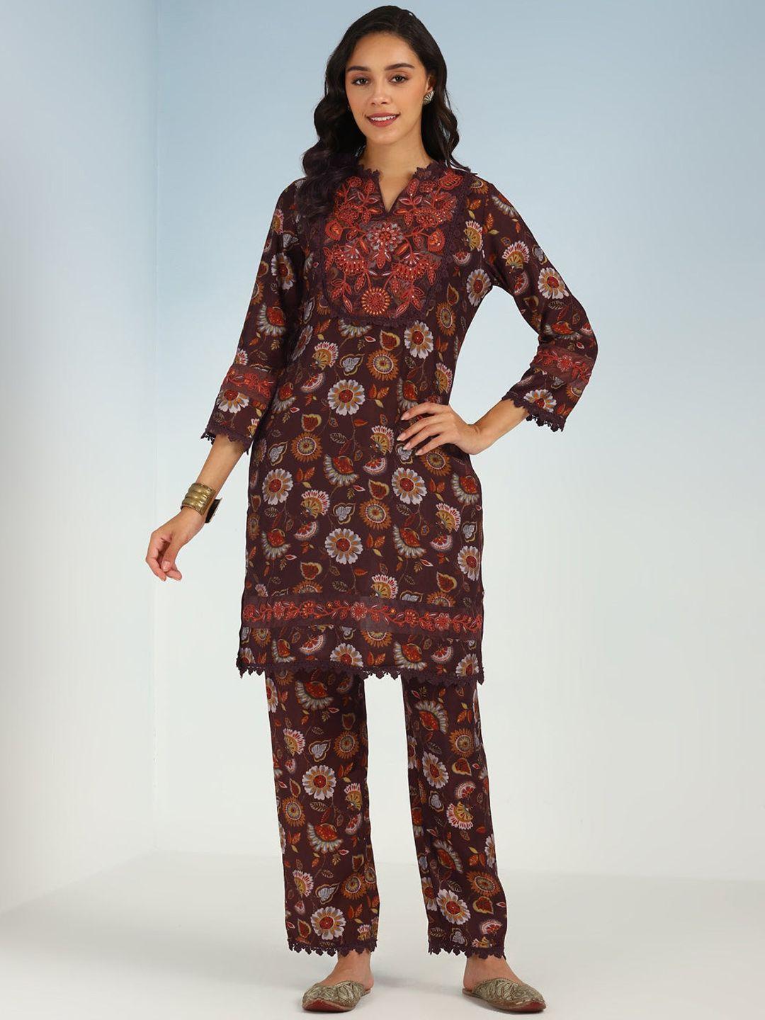 lakshita women maroon floral printed regular thread work chanderi cotton kurta with trousers