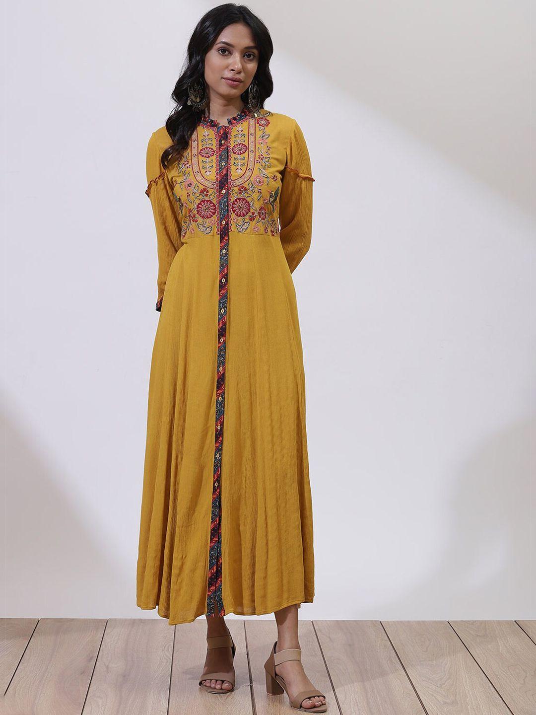 lakshita women mustard yellow embroidered a-line maxi dress