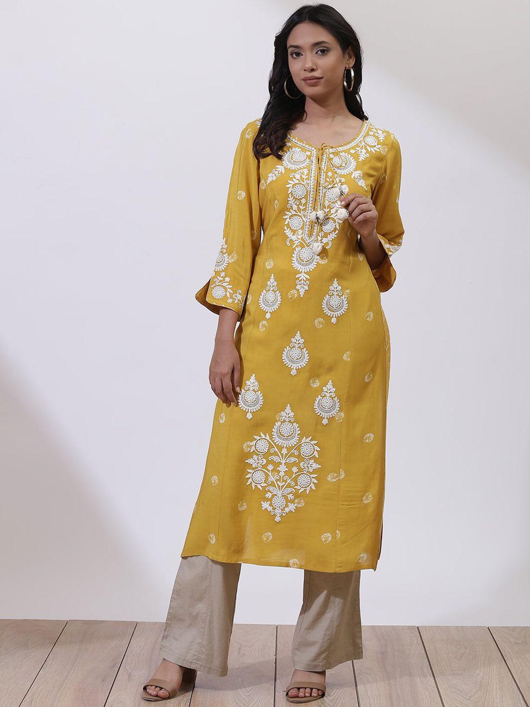 lakshita women mustard yellow floral embroidered keyhole neck flared sleeves thread work kaftan kurta