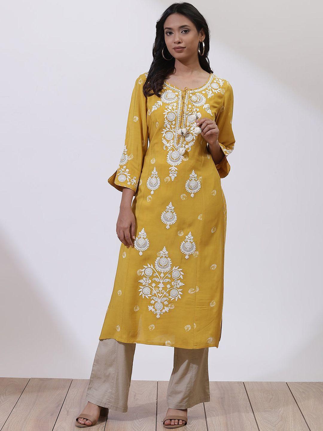 lakshita women mustard yellow floral embroidered keyhole neck flared sleeves thread work kaftan kurta