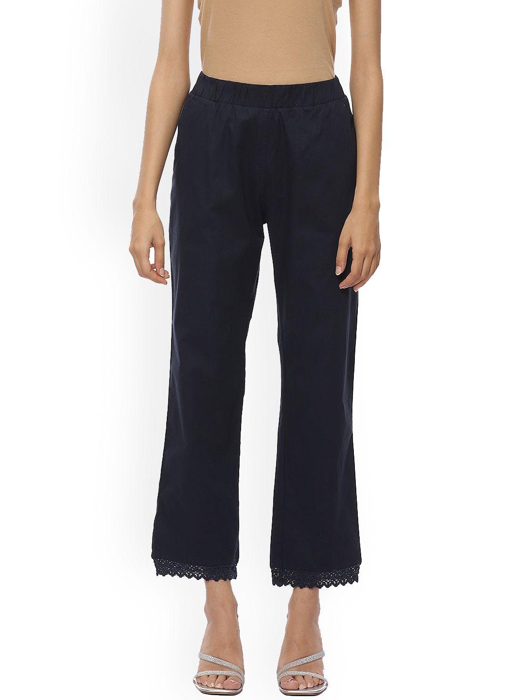 lakshita women navy blue relaxed loose fit chambray trousers with lace details