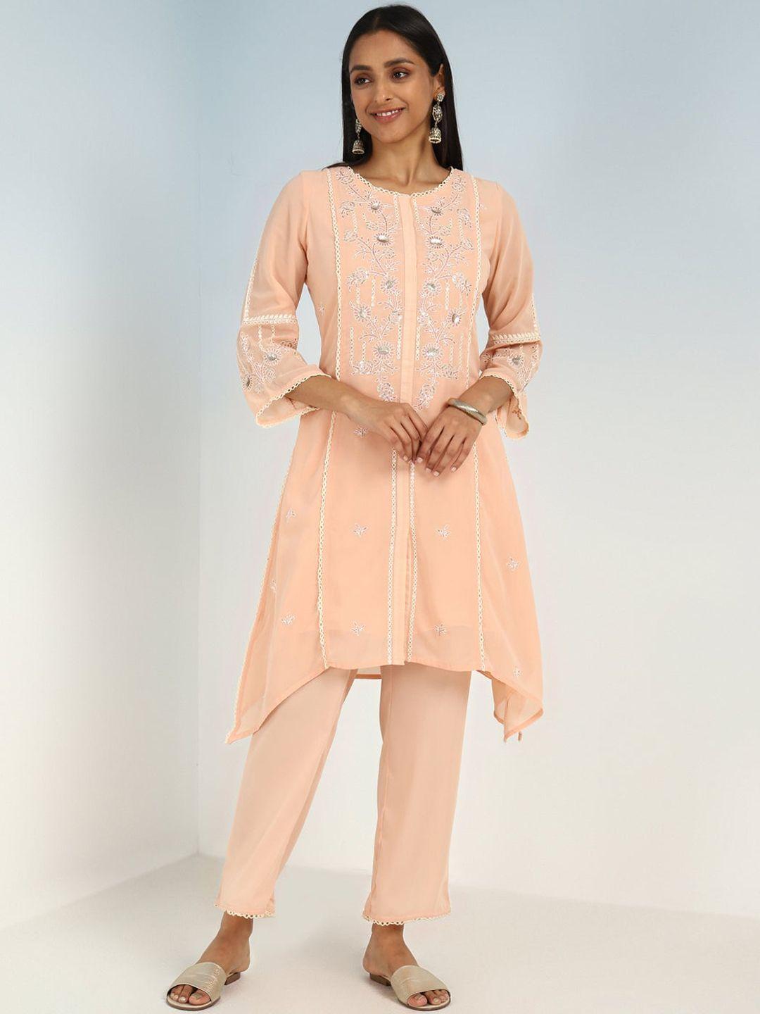 lakshita women peach-coloured floral embroidered regular thread work kurta with trousers