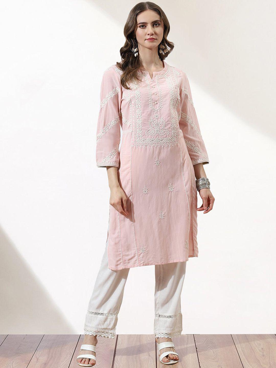 lakshita women pink & white floral embroidered kurta