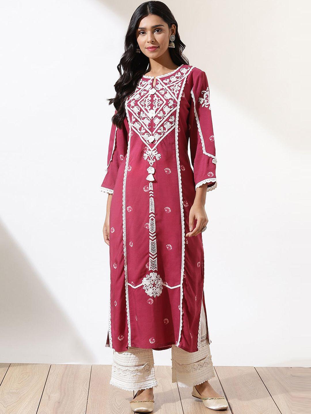 lakshita women pink floral embroidered keyhole neck flared sleeves thread work kurta