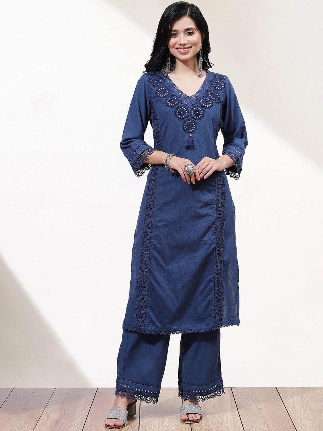 lakshita women plus size ethnic motifs embroidered mirror work kurta with palazzos