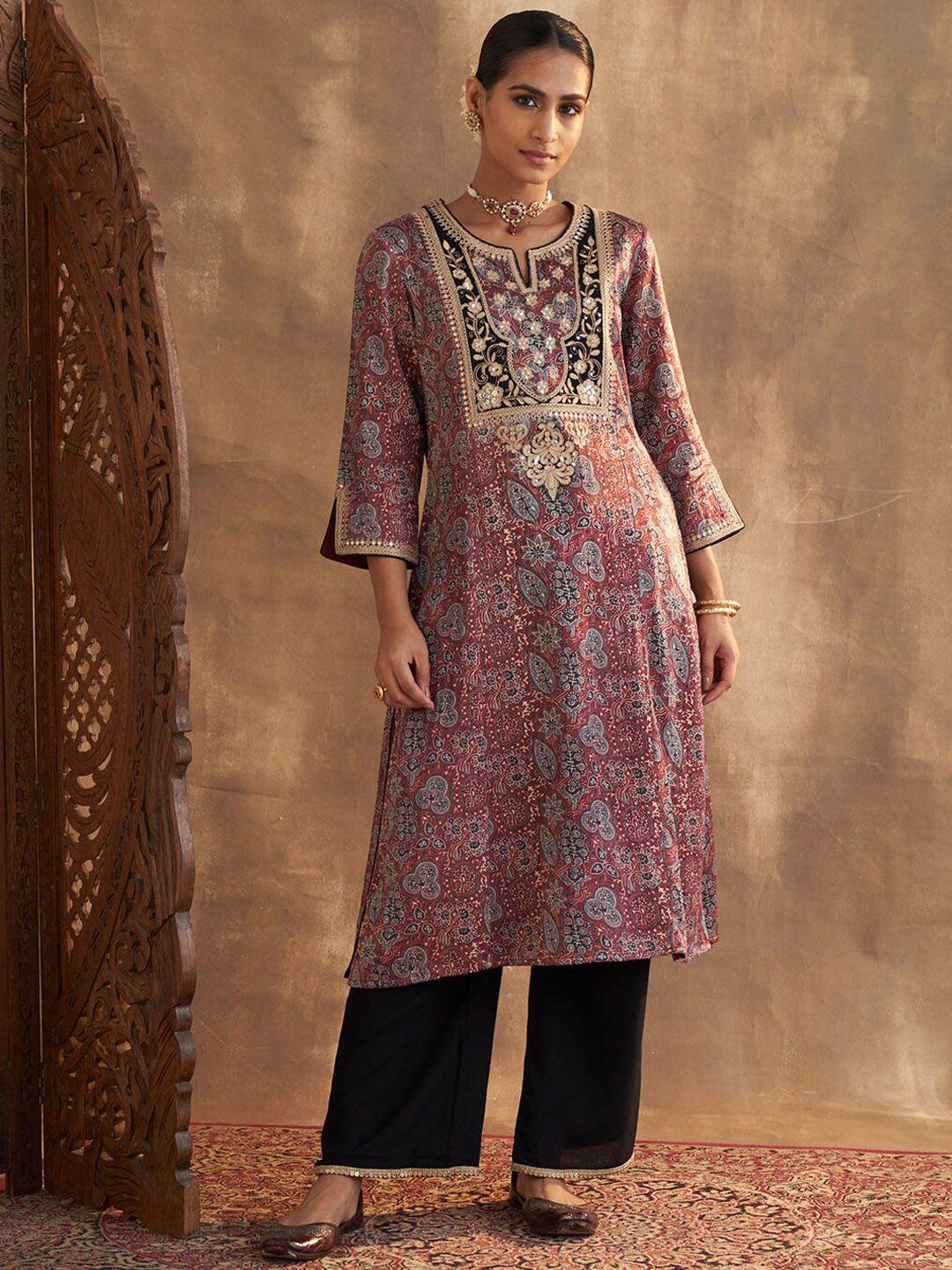 lakshita women plus size ethnic motifs printed thread work kurta with palazzos