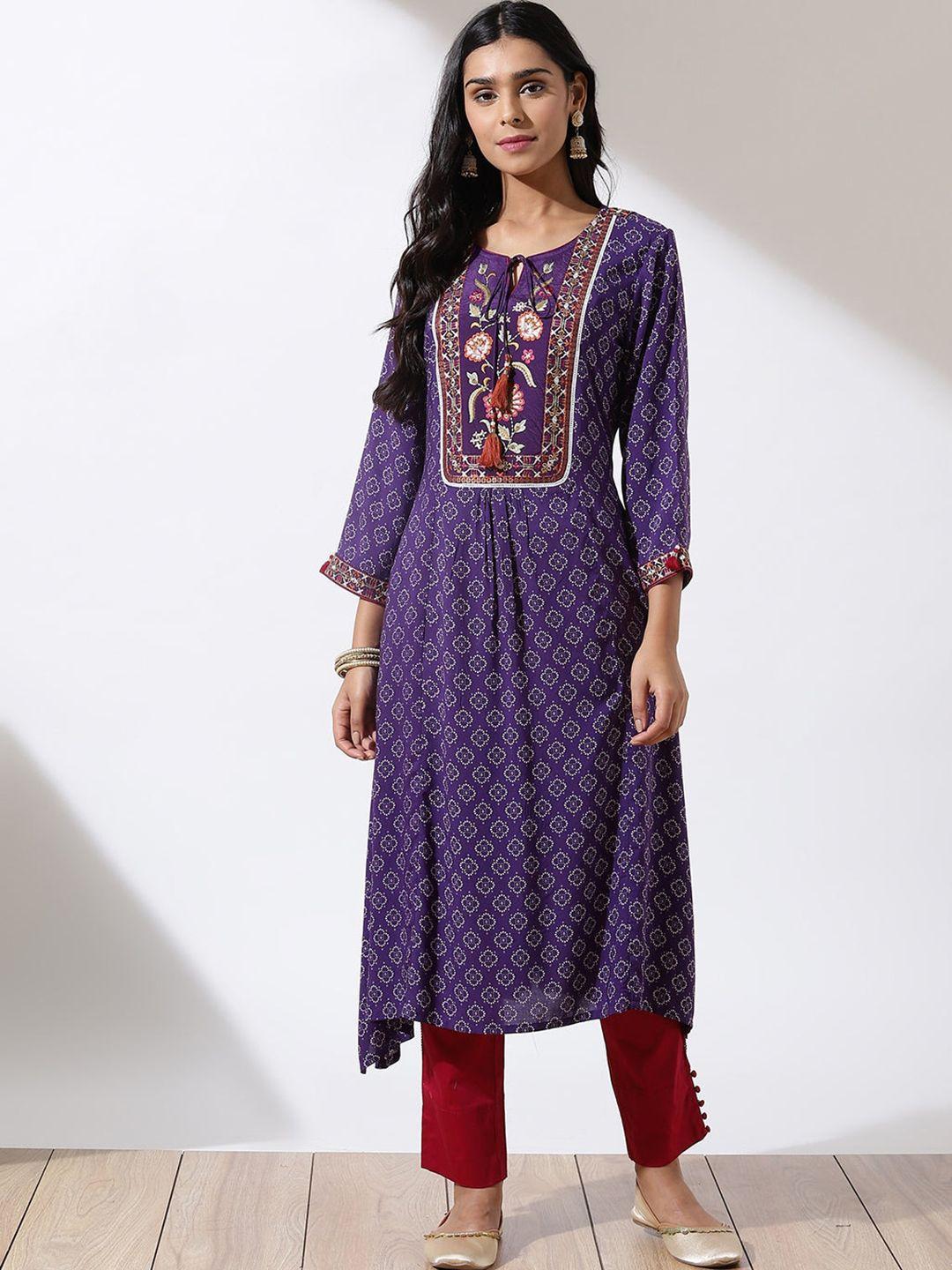 lakshita women purple ethnic motifs printed flared sleeves chikankari kurta