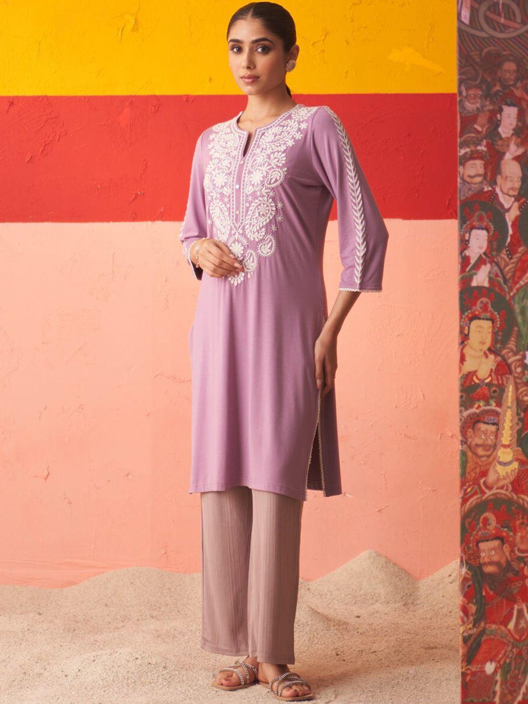 lakshita women purple paisley embroidered thread work floral woollen kurta