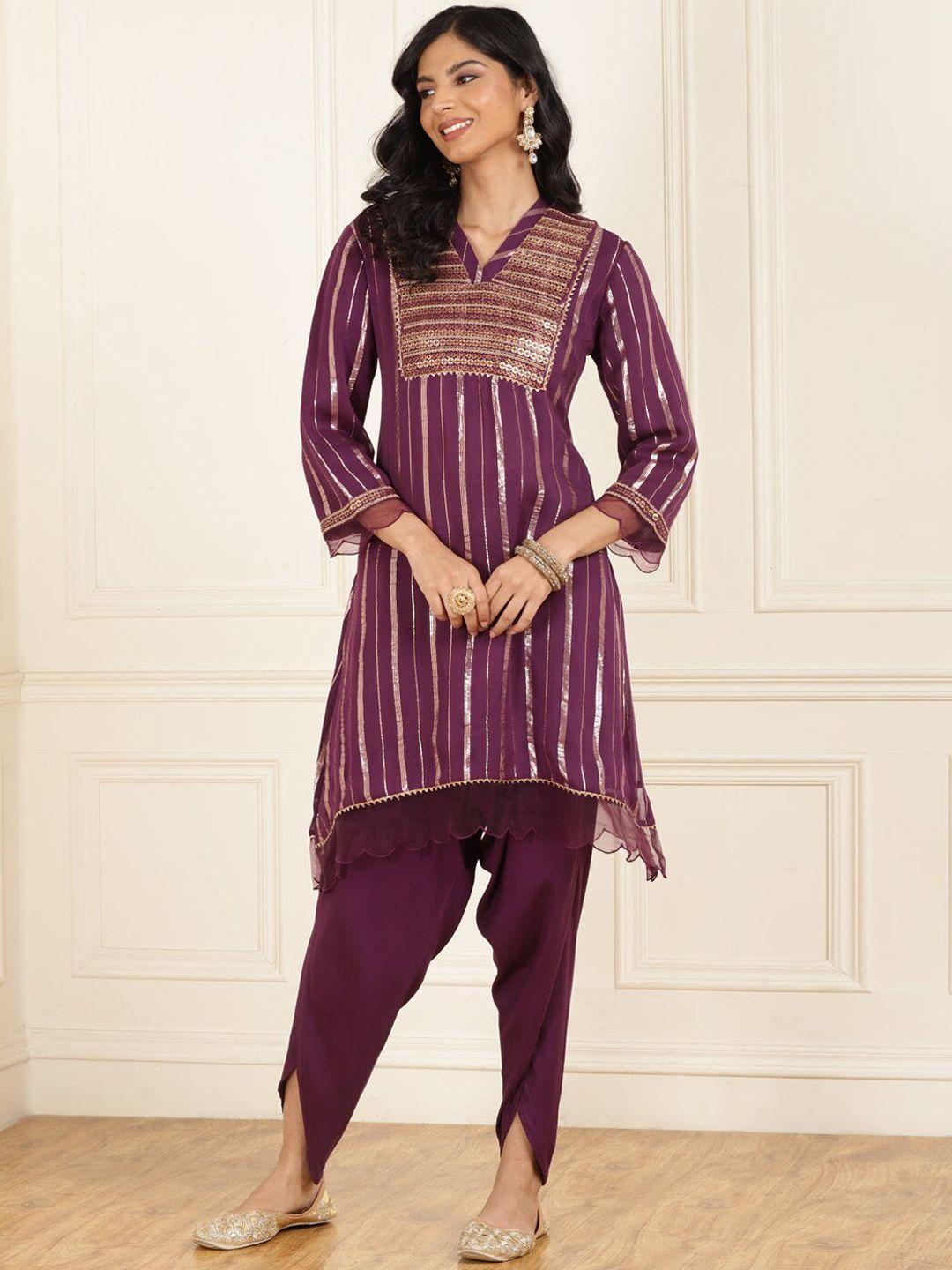 lakshita women purple striped regular gotta patti kurta with dhoti pants